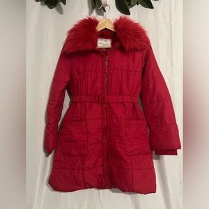 Monsoon R Ruffle padded and hooded coat red